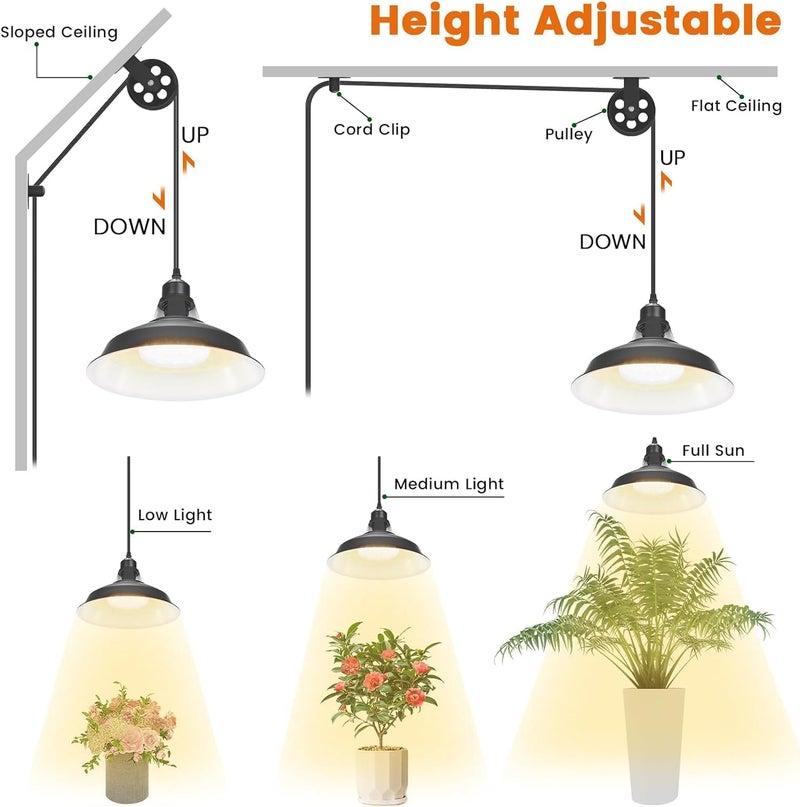 MYSWEETY Hanging Grow Light, Full Spectrum Hanging Plant Lights for Indoor, Vintage Decorative Grow Lights with 16.4FT Power Cord, Plug in Pendant Light with Adjustable Pulley for Plants, Flowers (2) - Image 2